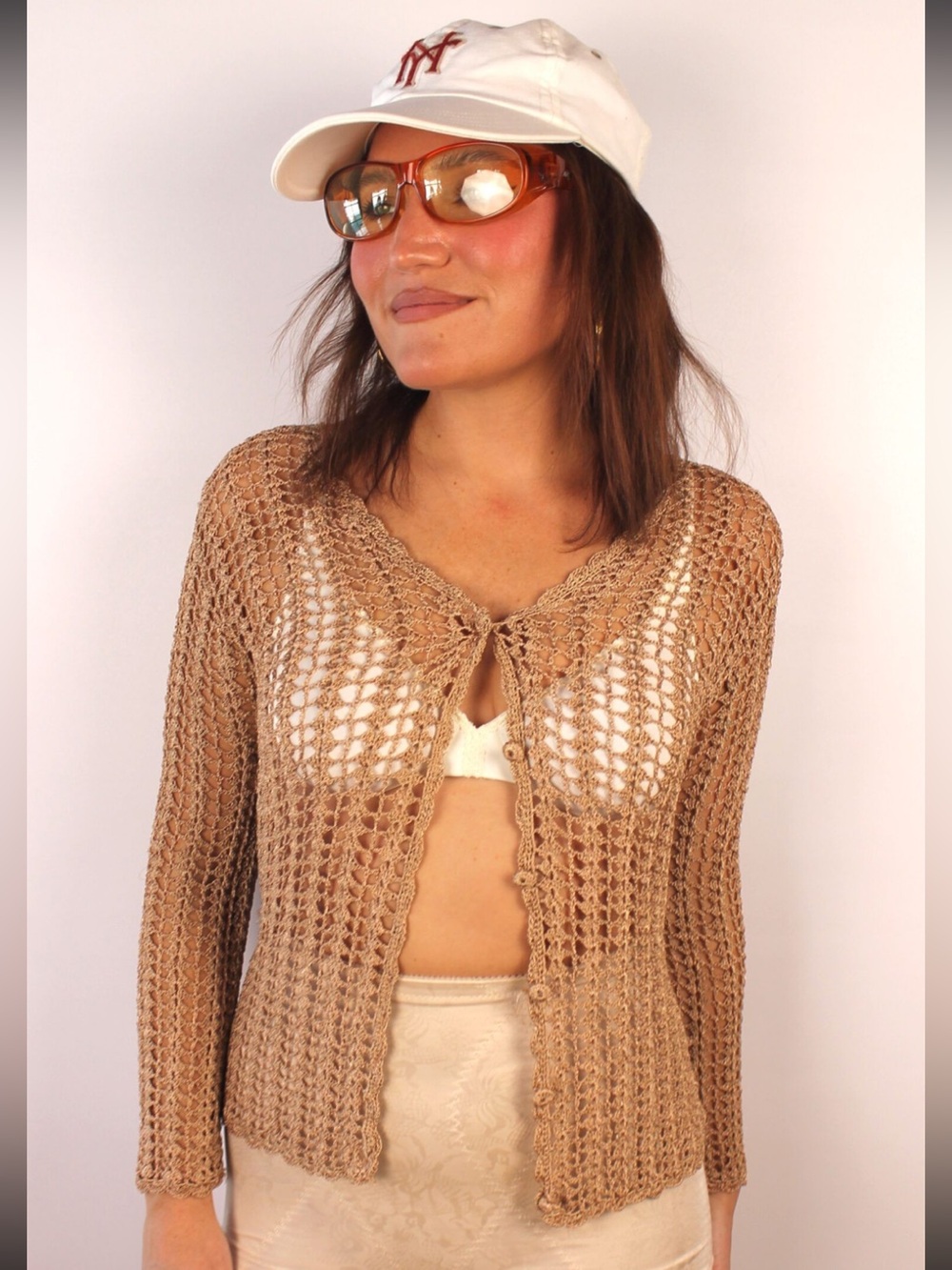 Light Brown Open-Knit Button Front Women's Sweater